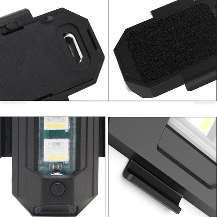 LED-stroboskopljus med 4 färger, USB-laddning, för fordon. Visas i regnbågens färger på svart bakgrund.