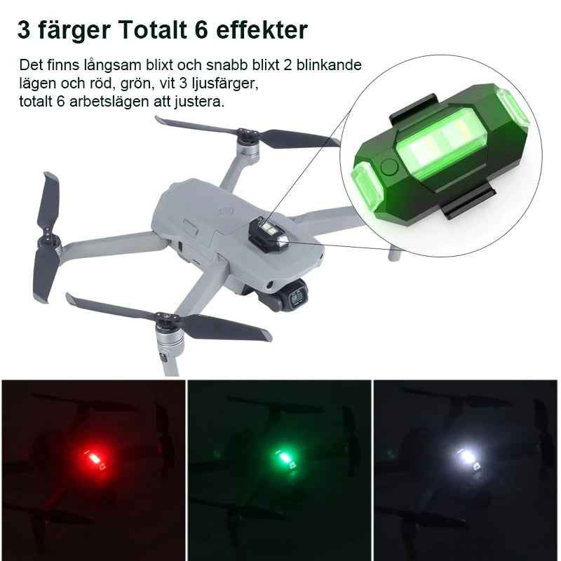 LED-stroboskopljus med 4 färger, USB-laddning, för fordon. Visas i regnbågens färger på svart bakgrund.