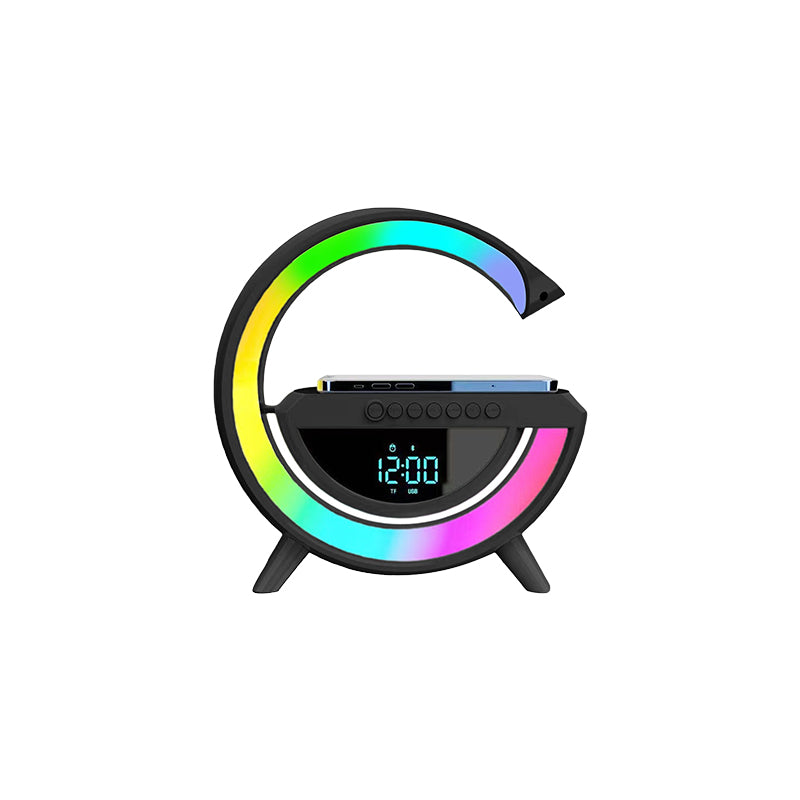 "LED trådlös laddningshögtalare med väckarklocka, modern G-form, sovrumstillbehör, högkvalitativt ljud, ljuseffekter."