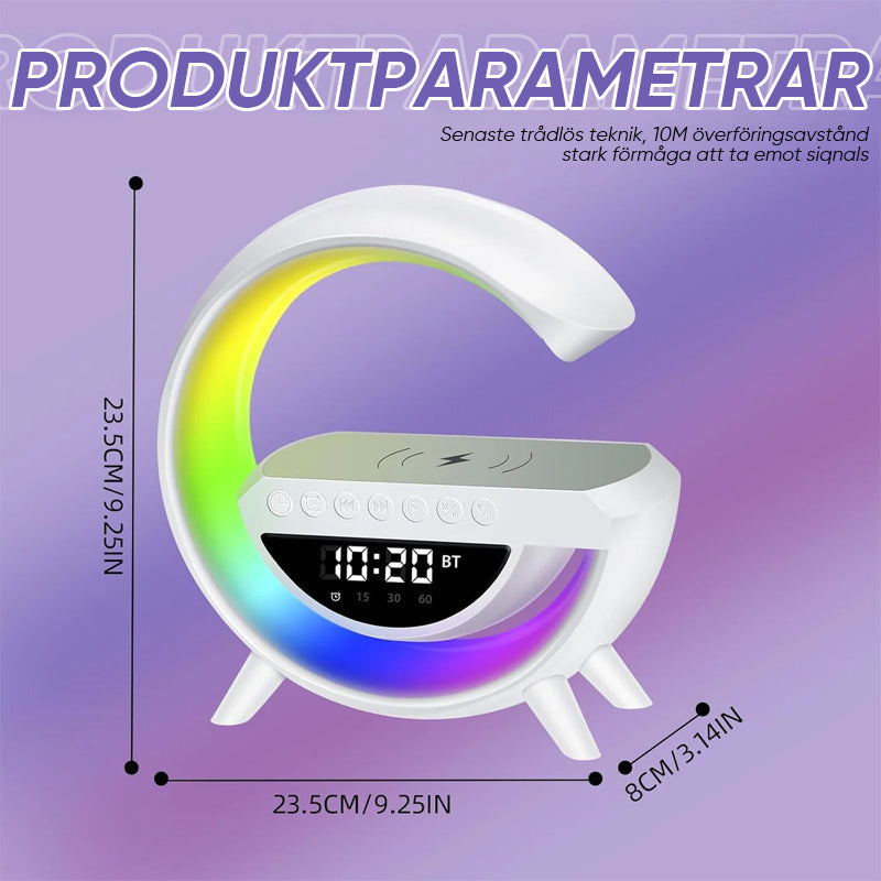 "LED trådlös laddningshögtalare med väckarklocka, modern G-form, sovrumstillbehör, högkvalitativt ljud, ljuseffekter."