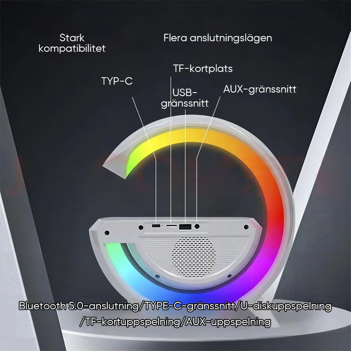 "LED trådlös laddningshögtalare med väckarklocka, modern G-form, sovrumstillbehör, högkvalitativt ljud, ljuseffekter."