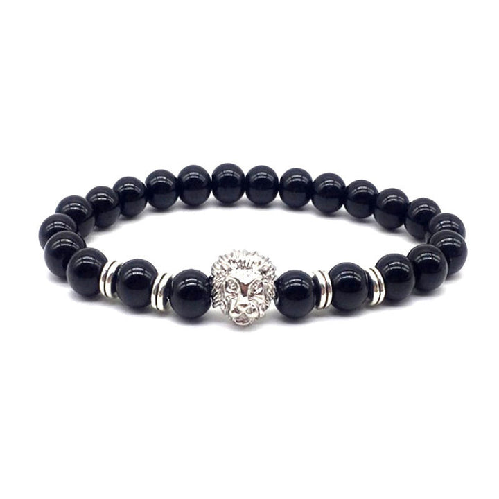 "Lejonarmband för män med onyx och stål, mattsvarta pärlor och lejonhuvud, symbol för styrka och kärlek"