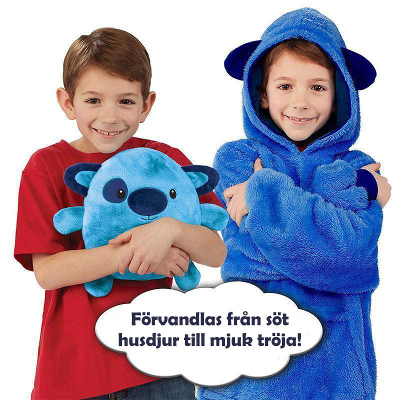 "Lekfull barnfleece hoodie och gosedjur i ett, mjukt pastellfärgat tyg för inomhus- och utomhusäventyr."