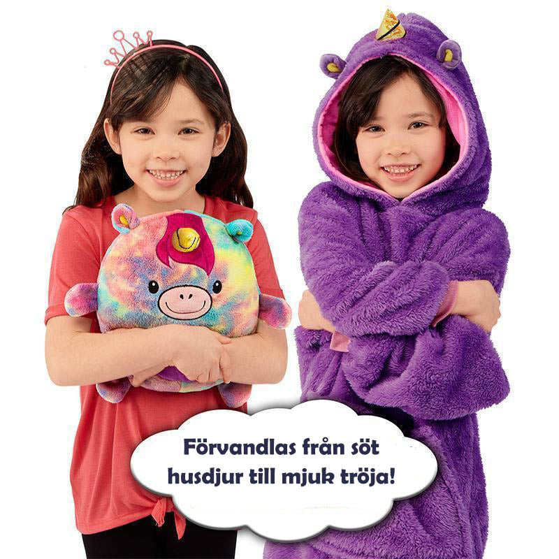"Lekfull barnfleece hoodie och gosedjur i ett, mjukt pastellfärgat tyg för inomhus- och utomhusäventyr."
