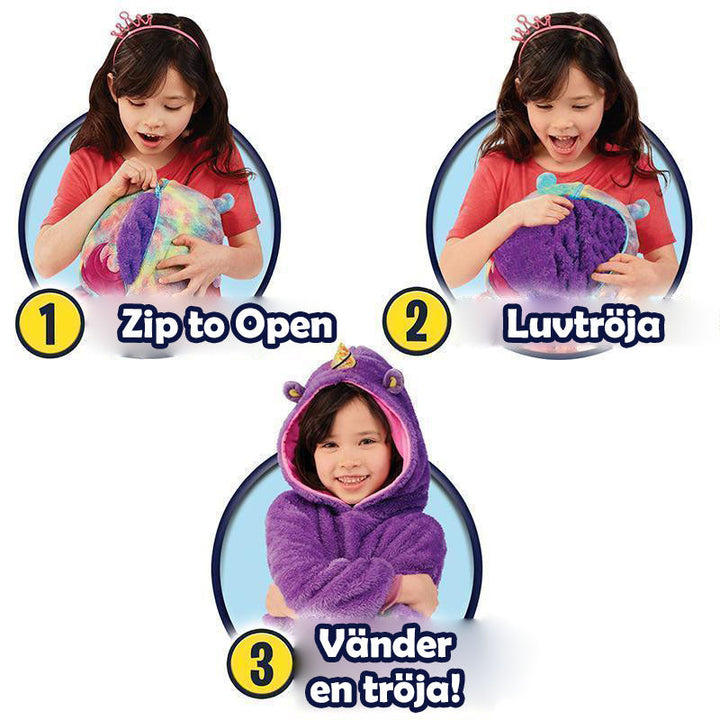 "Lekfull barnfleece hoodie och gosedjur i ett, mjukt pastellfärgat tyg för inomhus- och utomhusäventyr."