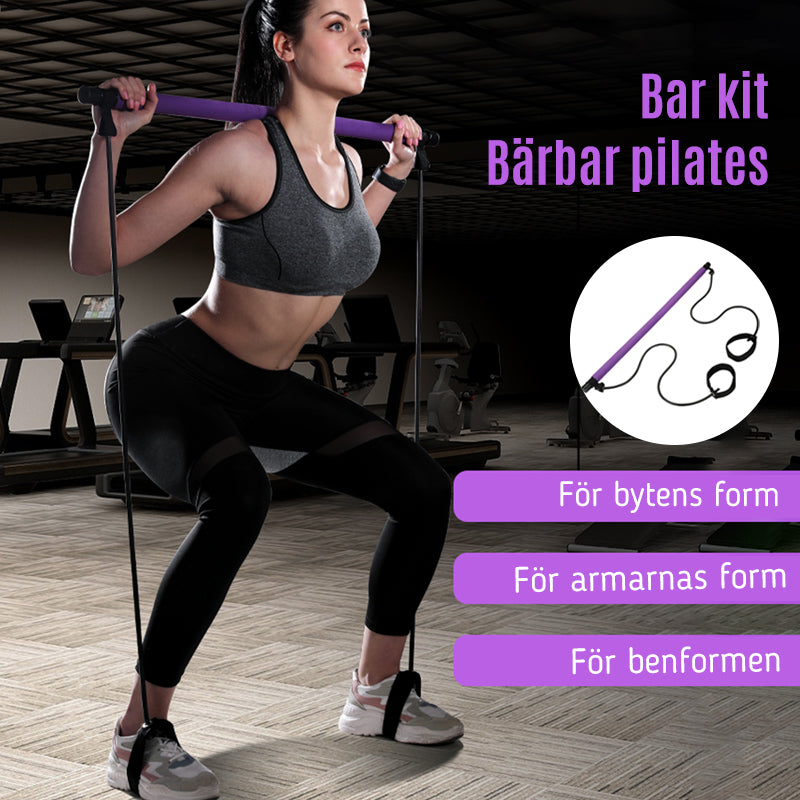 "Lila Pilates träningsband för hemmabruk med motstånd, tvådelad stång, elastiska band, perfekt för varierad workout."