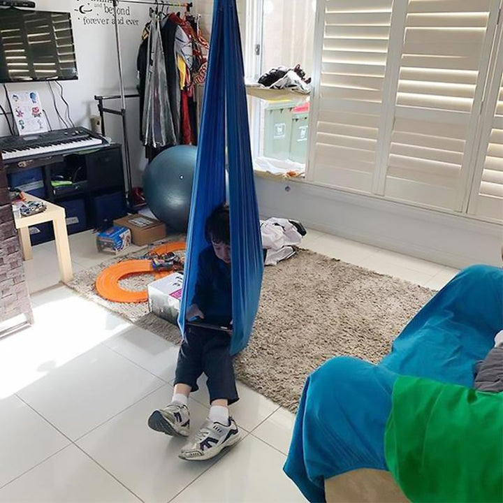 "Ljusblå barn frihetsgunga för inomhus och utomhus, hängd, säker och bekväm, främjar lek och social interaktion."