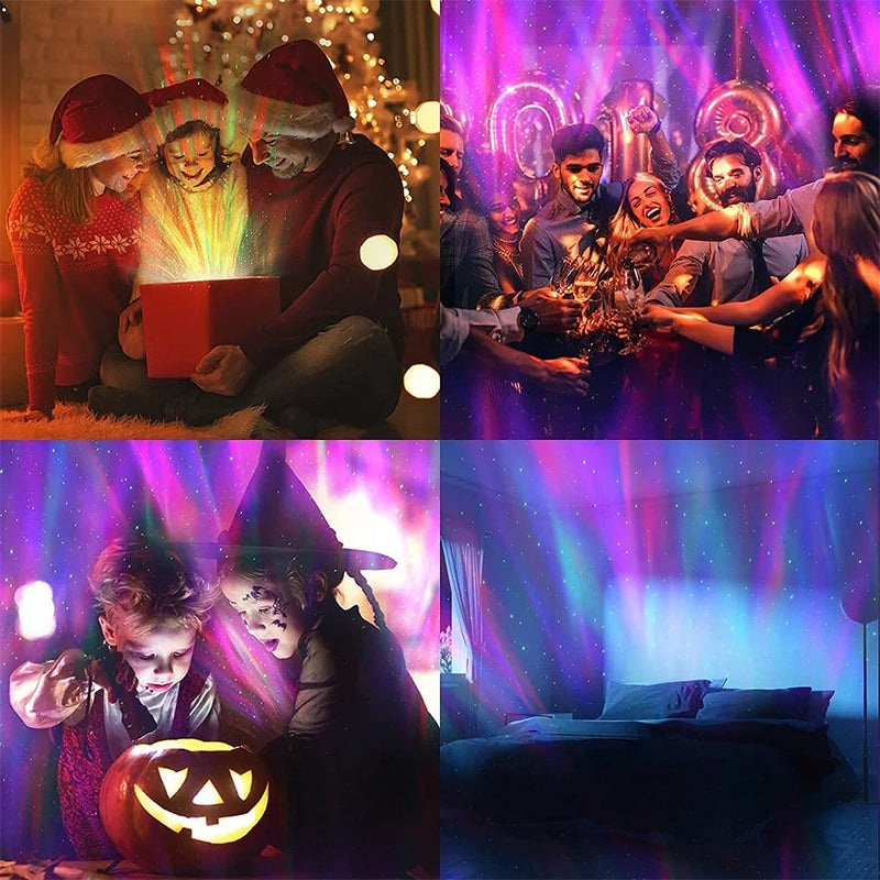 "Lugnande aurora LED-projektor skapar färgglada norrskensljus för en magisk hemmamiljö, styrs med fjärrkontroll."