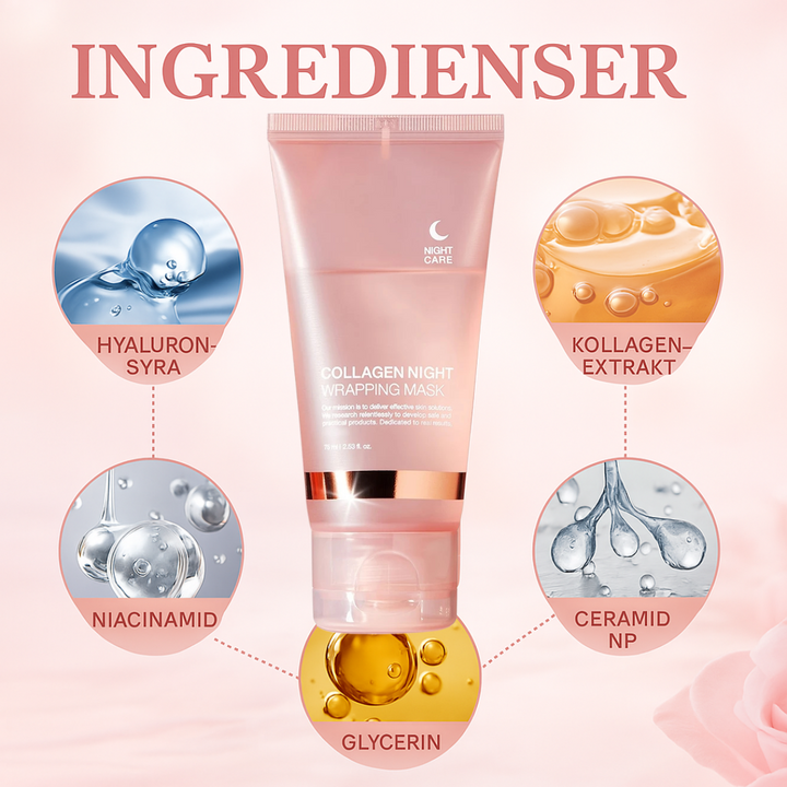 "Luminous Collagen Night Mask 75 ml, återfuktande nattmask med kollagen för mjukare, fastare hud, inkluderar borste."