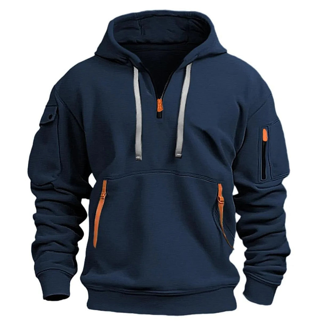 "Luvtröja herr med fleece, flera fickor och dragkedja, mjukt material för modern stil och komfort."