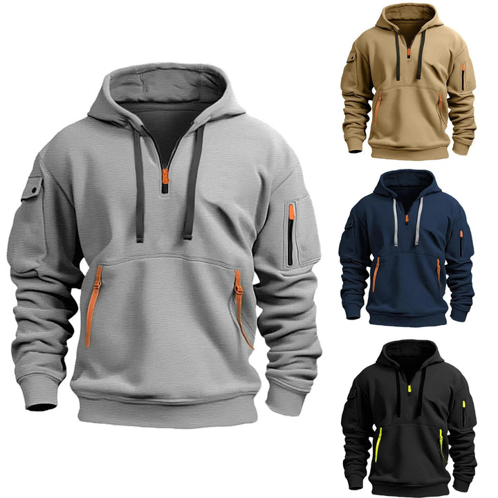 "Luvtröja herr med fleece, flera fickor och dragkedja, mjukt material för modern stil och komfort."