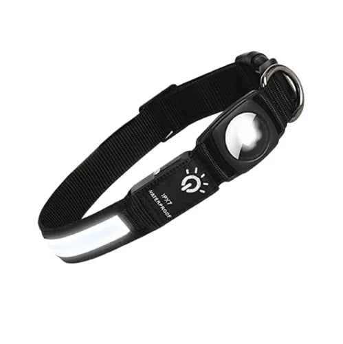 "Lysande hundhalsband med AirTag-ficka, vattentåligt nylon, synlighet upp till 600 m, USB-C-laddning, nattpromenader."