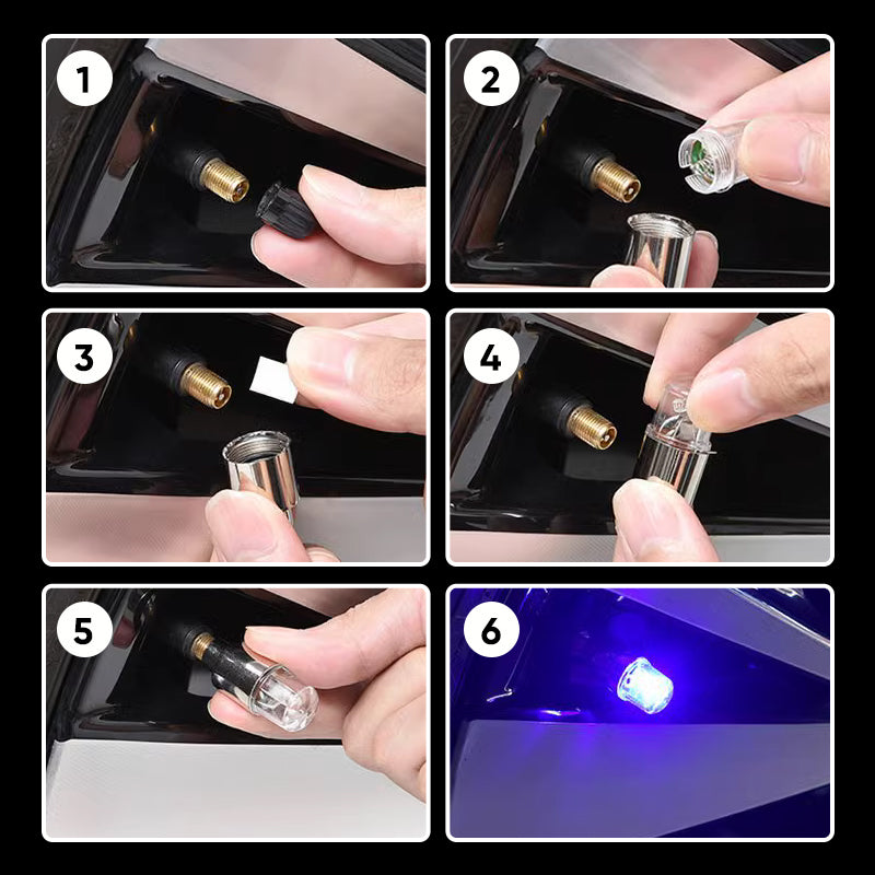 "Lysande LED-belysning för däckventiler i blå, röd, grön och flerfärgad; förbättrar stil och säkerhet."