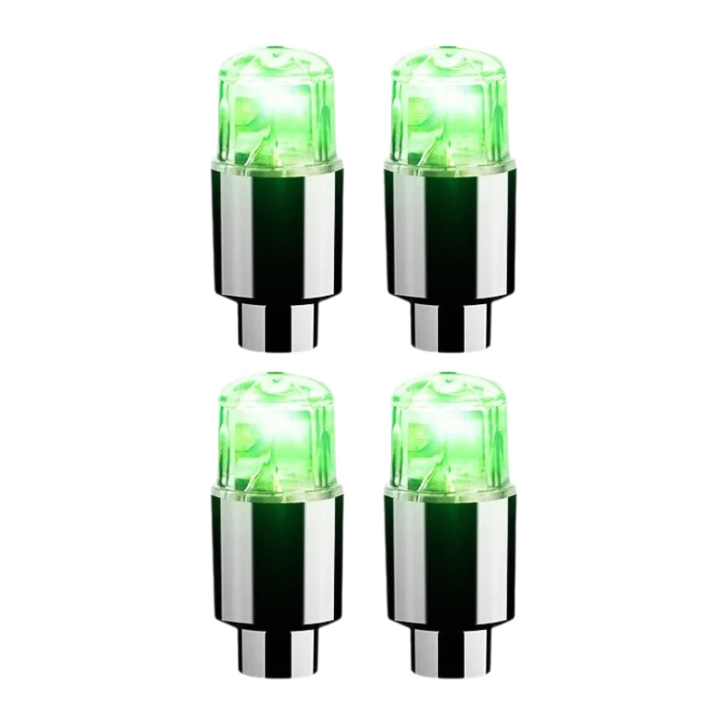 "Lysande LED-belysning för däckventiler i blå, röd, grön och flerfärgad; förbättrar stil och säkerhet."