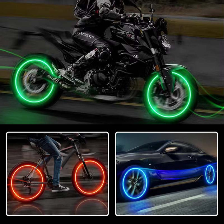 "Lysande LED-belysning för däckventiler i blå, röd, grön och flerfärgad; förbättrar stil och säkerhet."