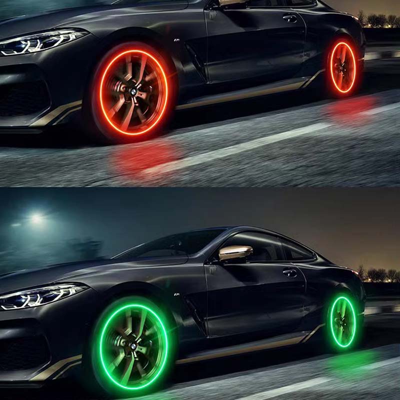 "Lysande LED-belysning för däckventiler i blå, röd, grön och flerfärgad; förbättrar stil och säkerhet."