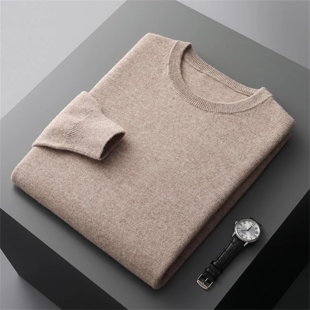 Lyxig merinoulltröja i beige med rund hals och ribbstickade kanter. Mjuk, elegant och andningsbar för tidlös stil.