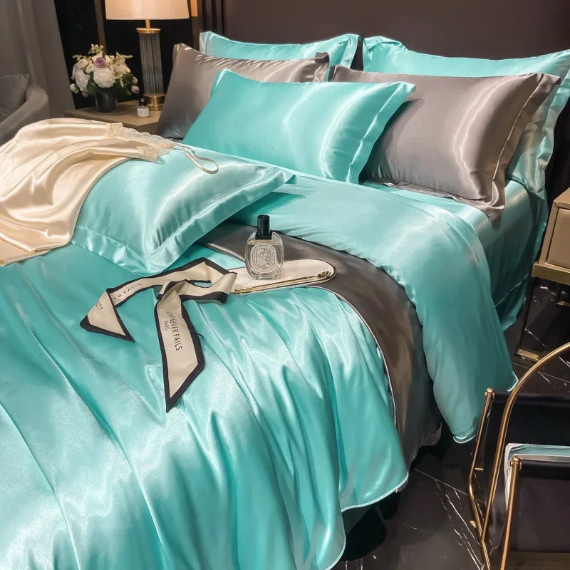 "Lyxigt silkebäddsset med elegant glans och mjuk textur, perfekt för komfort och stil i ditt sovrum."