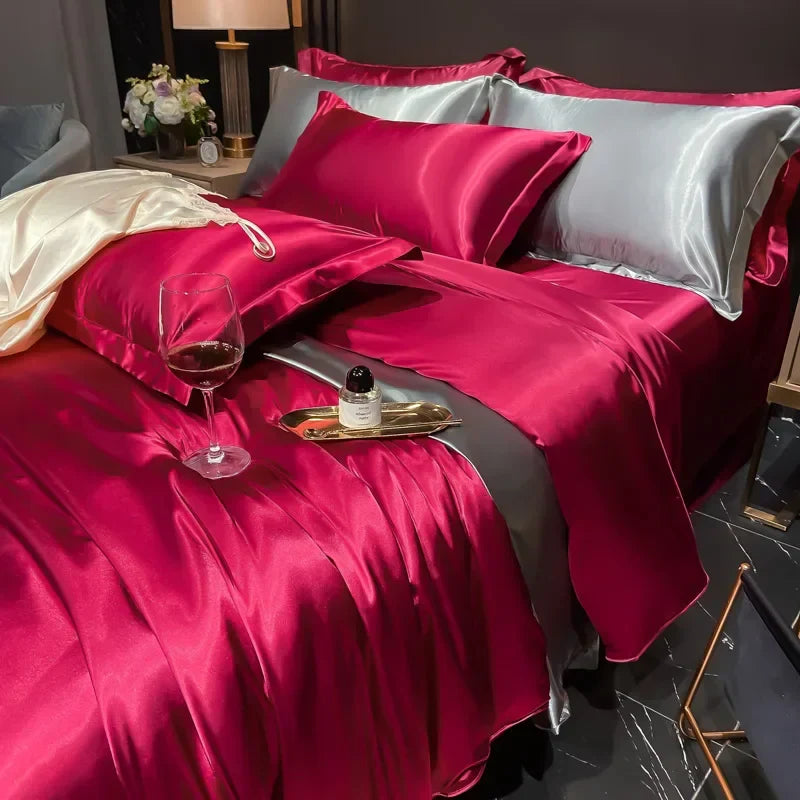 "Lyxigt silkebäddsset med elegant glans och mjuk textur, perfekt för komfort och stil i ditt sovrum."