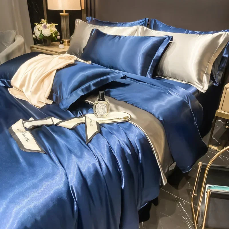 "Lyxigt silkebäddsset med elegant glans och mjuk textur, perfekt för komfort och stil i ditt sovrum."