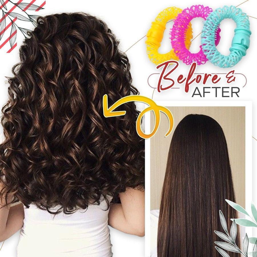 "Magiska hårdonuts för mjuka lockar utan värme, i mjuk plast och färger: gul, rosa, grön; enkel DIY frisyr."