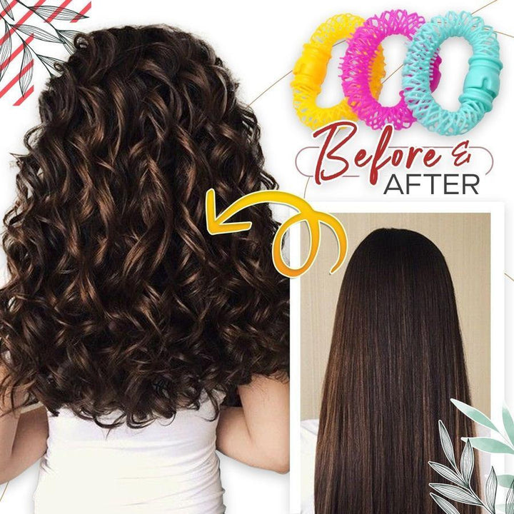 "Magiska hårdonuts för mjuka lockar utan värme, i mjuk plast och färger: gul, rosa, grön; enkel DIY frisyr."