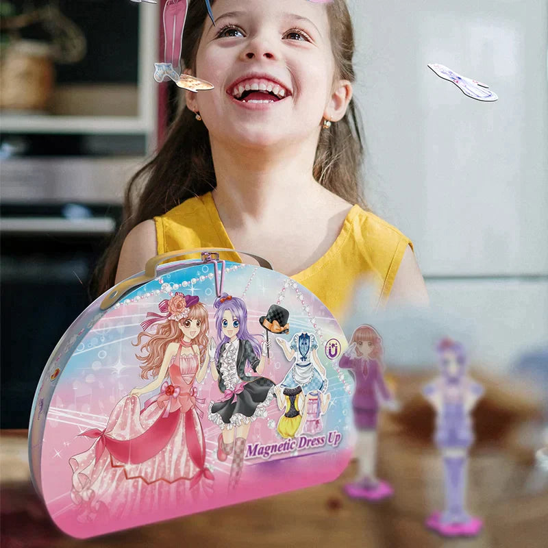 "Magnetisk klä upp-docka för barn, lättburen järnlåda, färgglada kläder och tillbehör, lekvänlig från 3 år."