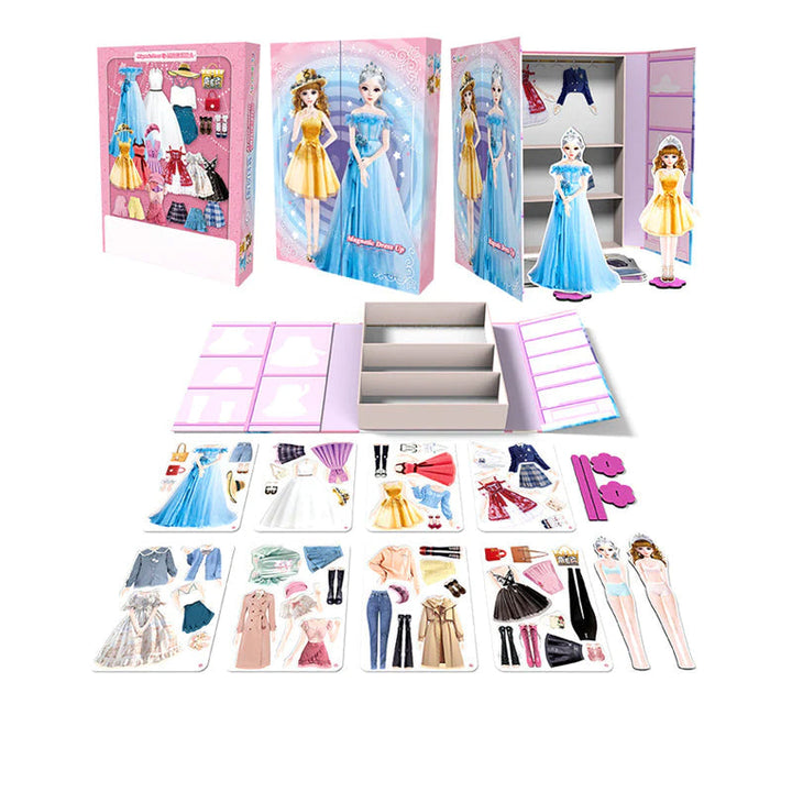 "Magnetisk klä upp-docka för barn, lättburen järnlåda, färgglada kläder och tillbehör, lekvänlig från 3 år."