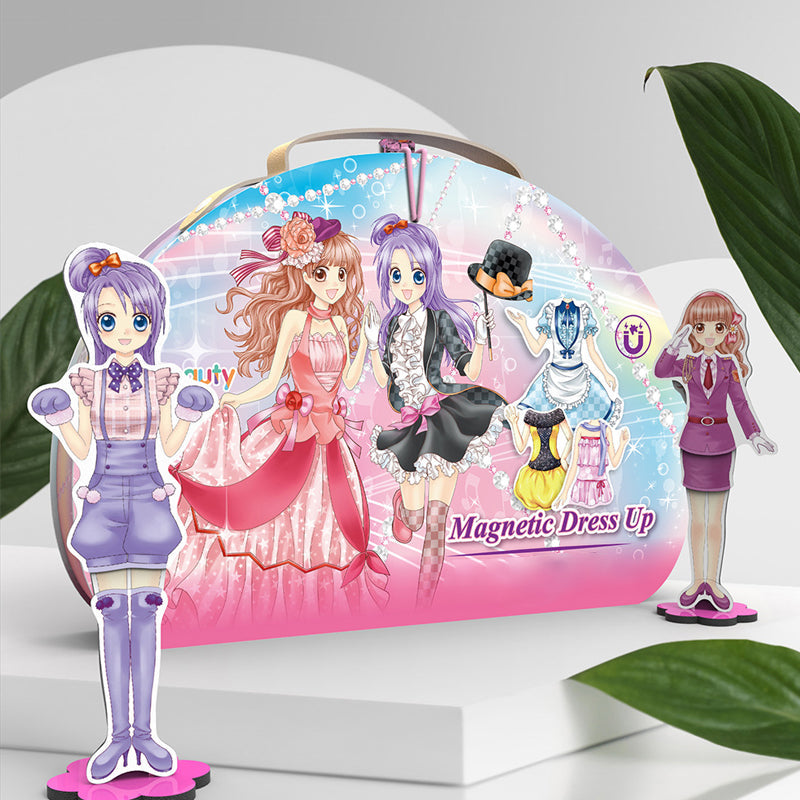 "Magnetisk klä upp-docka för barn, lättburen järnlåda, färgglada kläder och tillbehör, lekvänlig från 3 år."