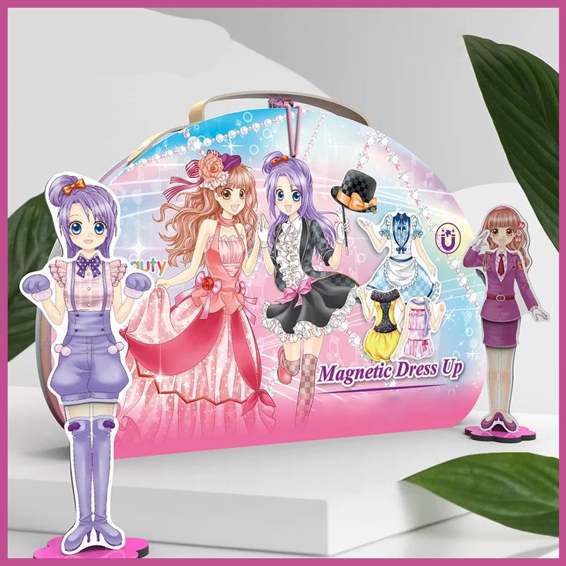 "Magnetisk klä upp-docka för barn, lättburen järnlåda, färgglada kläder och tillbehör, lekvänlig från 3 år."