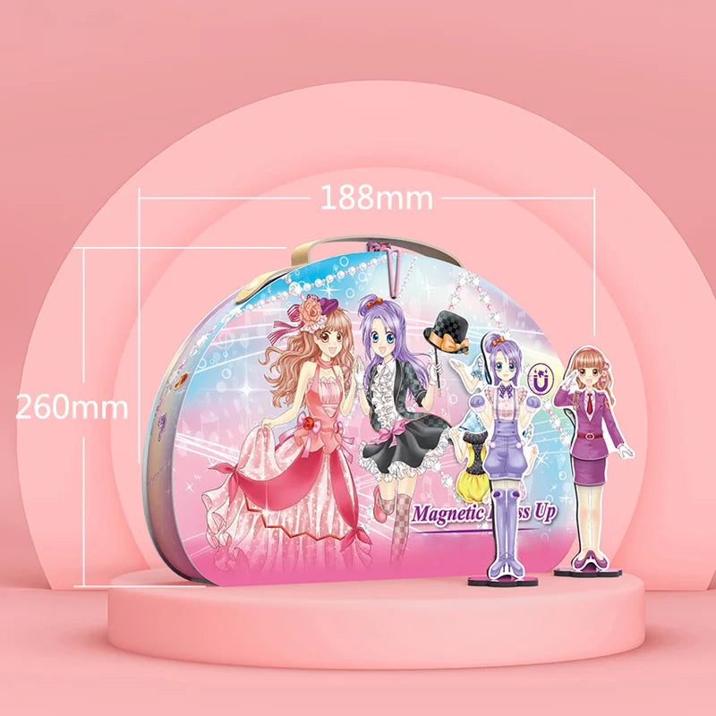 "Magnetisk klä upp-docka för barn, lättburen järnlåda, färgglada kläder och tillbehör, lekvänlig från 3 år."