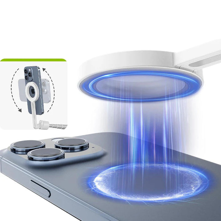 "Magnetisk selfiepinne med stativ, svart och vit, med teleskopisk design och 360° rotation för stabil och flexibel foto"