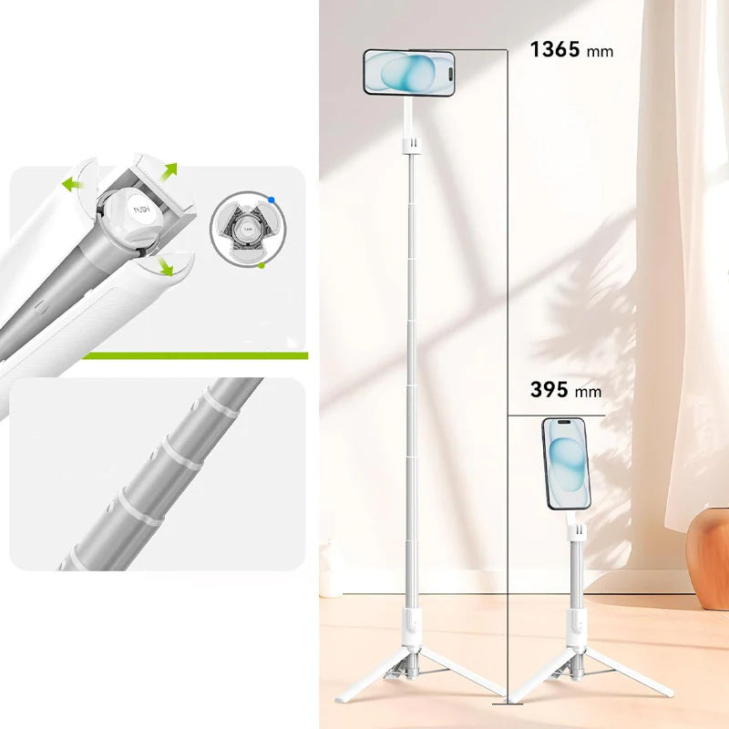 "Magnetisk selfiepinne med stativ, svart och vit, med teleskopisk design och 360° rotation för stabil och flexibel foto"