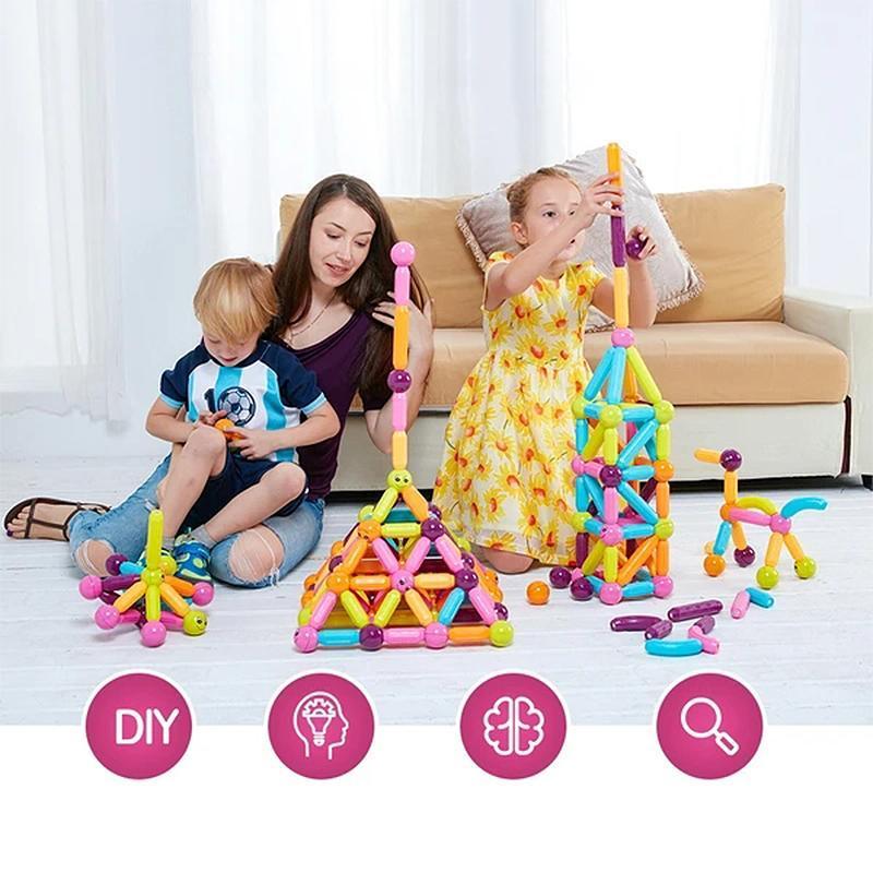 "Magnetiskt byggset för barn i pastellfärger med olika kreativa former och stora, förstärkta magneter för säker lek."