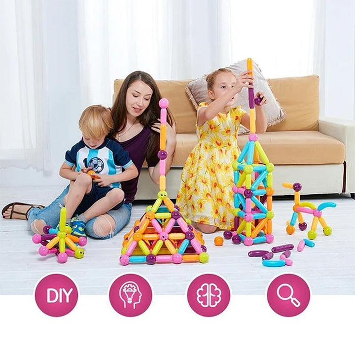 "Magnetiskt byggset för barn i pastellfärger med olika kreativa former och stora, förstärkta magneter för säker lek."