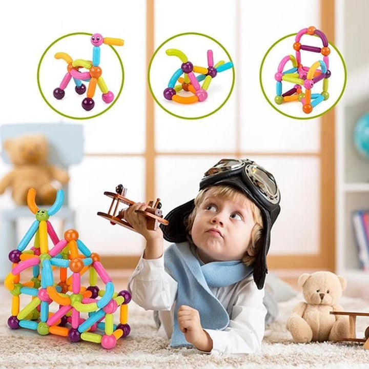 "Magnetiskt byggset för barn i pastellfärger med olika kreativa former och stora, förstärkta magneter för säker lek."