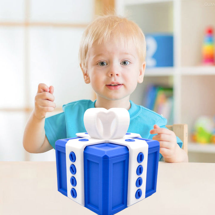 "Mångfärgad presentbox med mystisk design, 3D-utskriven med utmanande dolda nycklar och skruvbara bultar för spänning."