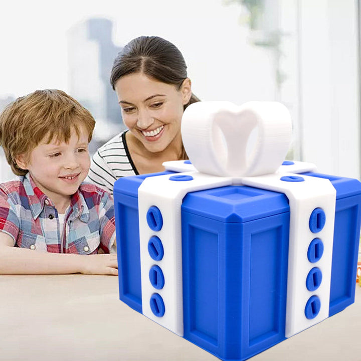 "Mångfärgad presentbox med mystisk design, 3D-utskriven med utmanande dolda nycklar och skruvbara bultar för spänning."