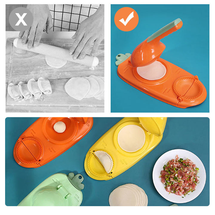 Mångsidig dumplingform i grön, gul, orange och rosa med ergonomiskt handtag för enkel matlagning i köket.