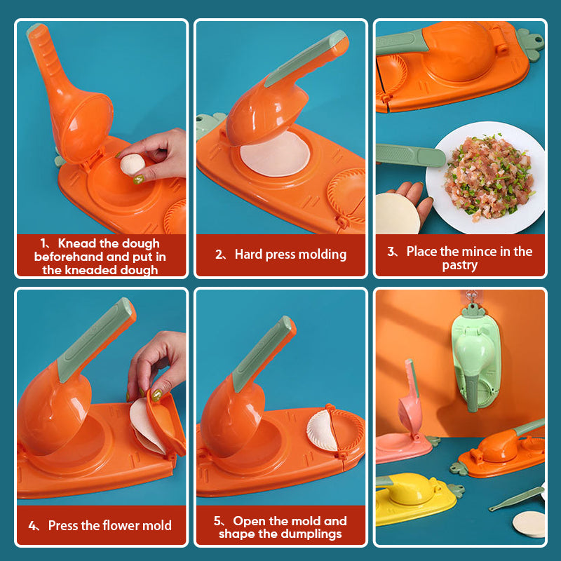 Mångsidig dumplingform i grön, gul, orange och rosa med ergonomiskt handtag för enkel matlagning i köket.