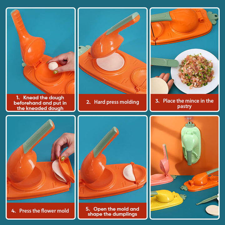Mångsidig dumplingform i grön, gul, orange och rosa med ergonomiskt handtag för enkel matlagning i köket.