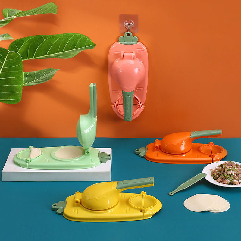 Mångsidig dumplingform i grön, gul, orange och rosa med ergonomiskt handtag för enkel matlagning i köket.