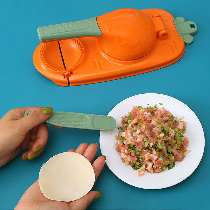 Mångsidig dumplingform i grön, gul, orange och rosa med ergonomiskt handtag för enkel matlagning i köket.