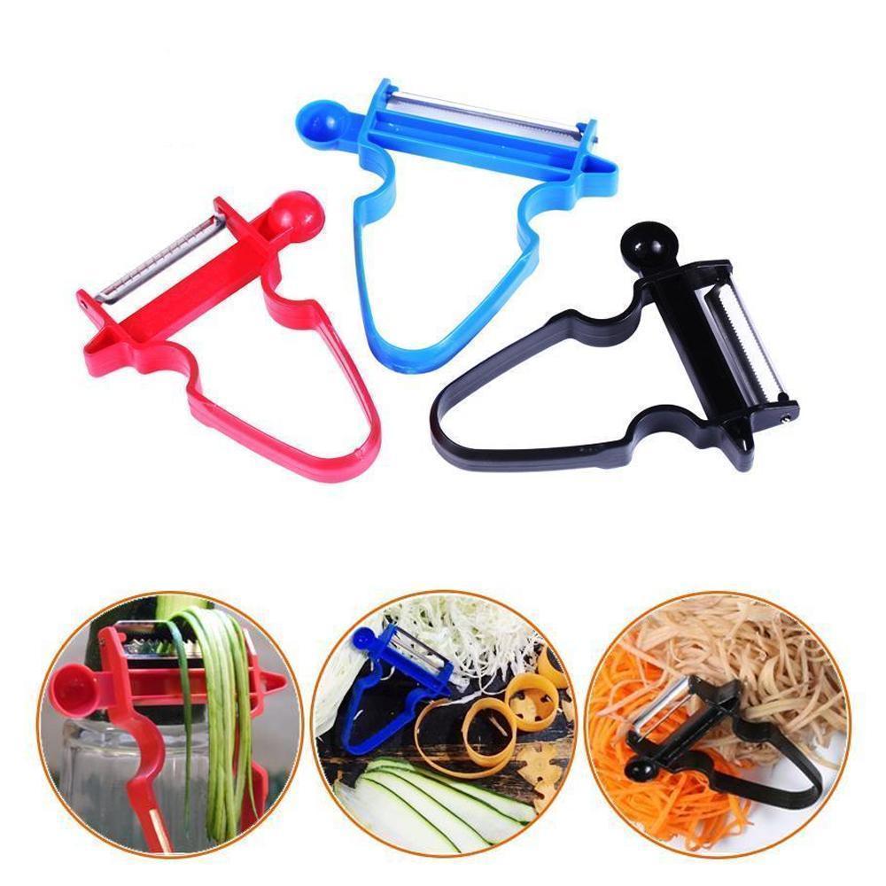Mångsidig grönsaksskalare i tre delar, säkert ergonomiskt handtag och rostfria stålblad för frukt och grönsaker.