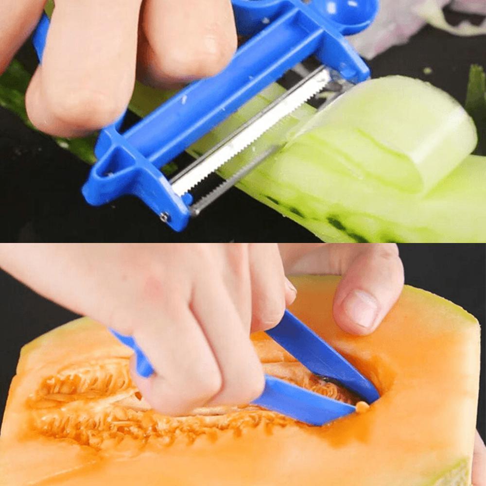 Mångsidig grönsaksskalare i tre delar, säkert ergonomiskt handtag och rostfria stålblad för frukt och grönsaker.