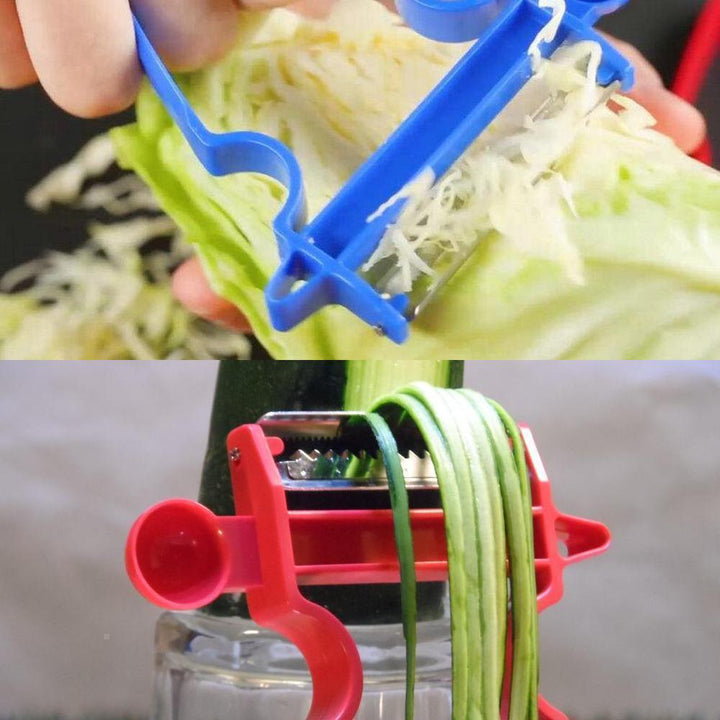 Mångsidig grönsaksskalare i tre delar, säkert ergonomiskt handtag och rostfria stålblad för frukt och grönsaker.