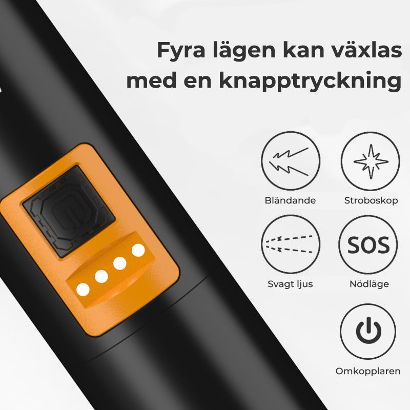 "Mångsidig Super Power LED-ficklampa med 1000 lumen, robust design, XHP50 LED, svart kropp, 3 ljuslägen, IP4-klassad."