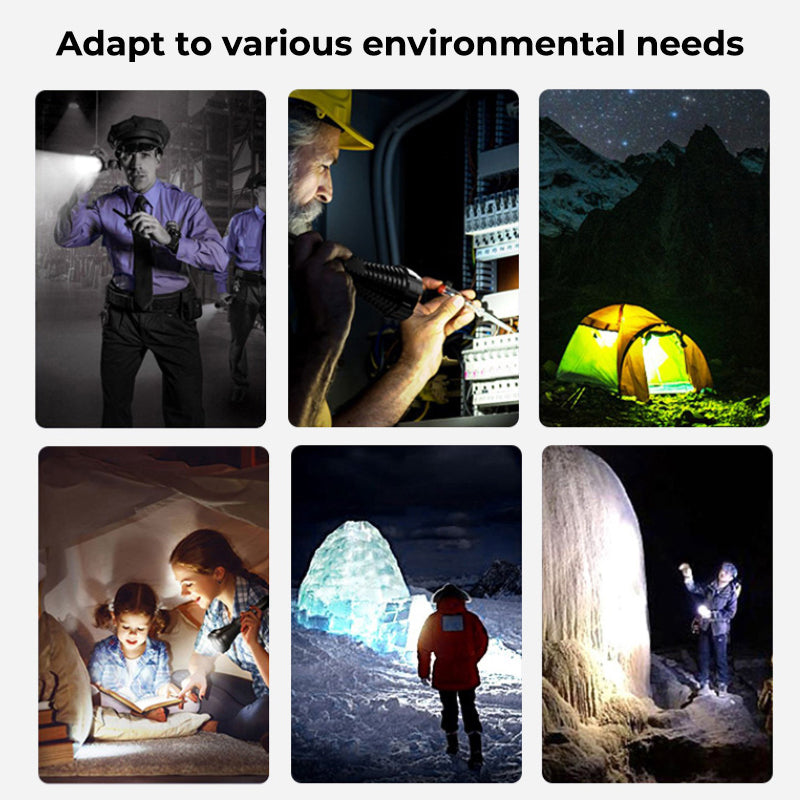 "Mångsidig Super Power LED-ficklampa med 1000 lumen, robust design, XHP50 LED, svart kropp, 3 ljuslägen, IP4-klassad."