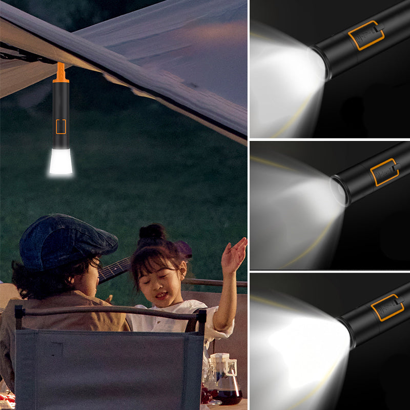 "Mångsidig Super Power LED-ficklampa med 1000 lumen, robust design, XHP50 LED, svart kropp, 3 ljuslägen, IP4-klassad."