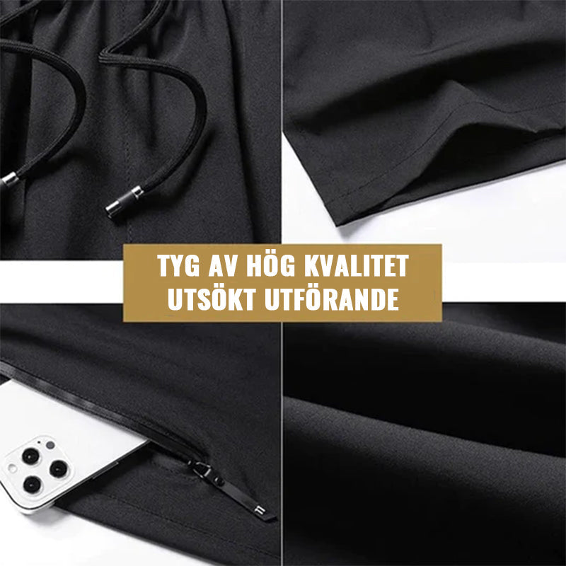 "Mäns snabbtorkande lätta träningsshorts i svart, grå och mörkblå. Elastisk midjeband och säker dragkedjeficka."